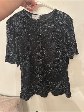 Stenay Black Beaded Floral Short Sleeve Blouse
